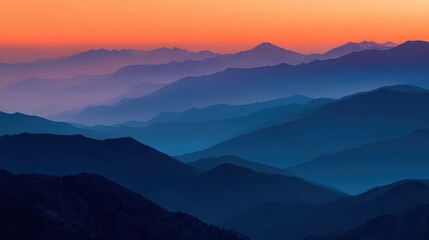 Obraz premium Digitally Rendered Mountain Range Silhouettes Under A Warm Orange Sunset Sky
