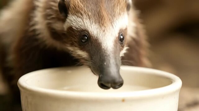 Cute badger drinking from a bowl outside in natural light