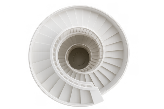 White spiral staircase illustrating continuous progress and infinite architectural design from a top-down perspective