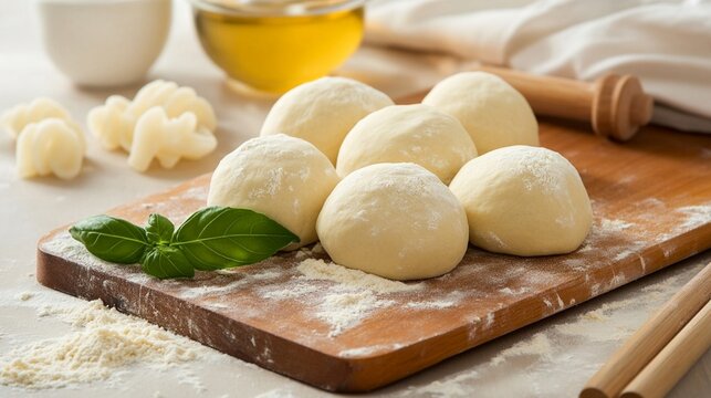 Fresh pizza or bread dough balls resting on rustic wooden board with flour, olive oil, and basil leaf, ready for traditional Italian cooking preparation - Powered by Adobe