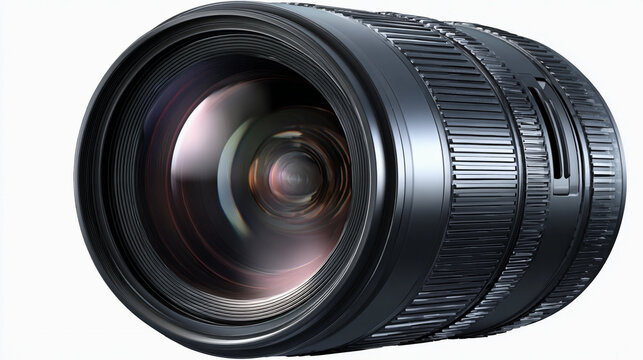 Modern black camera zoom lens for professional photography equipment, isolated on white background
