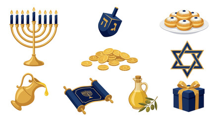 A festive collection of traditional symbols and icons for the Jewish holiday of Hanukkah, including a menorah, dreidel, and gelt