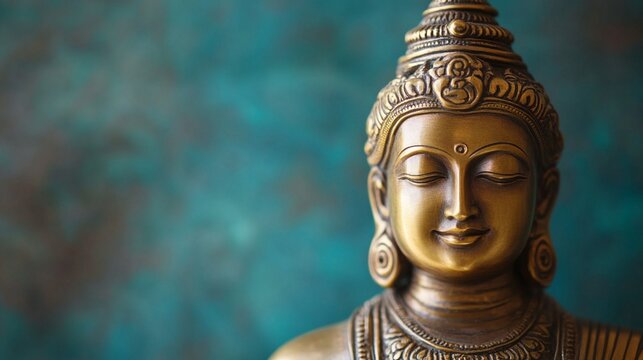 Serene golden Buddha statue with intricate details, radiating tranquility against a soft turquoise blurred background of spiritual contemplation and inner peace