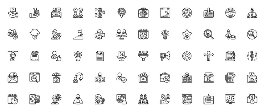 Employment icon set. Minimal linear vector icons pac. Includes symbols for jobsearch, resume, interview,career growth, recruitment workforce, contract and mre. Editable stroke.