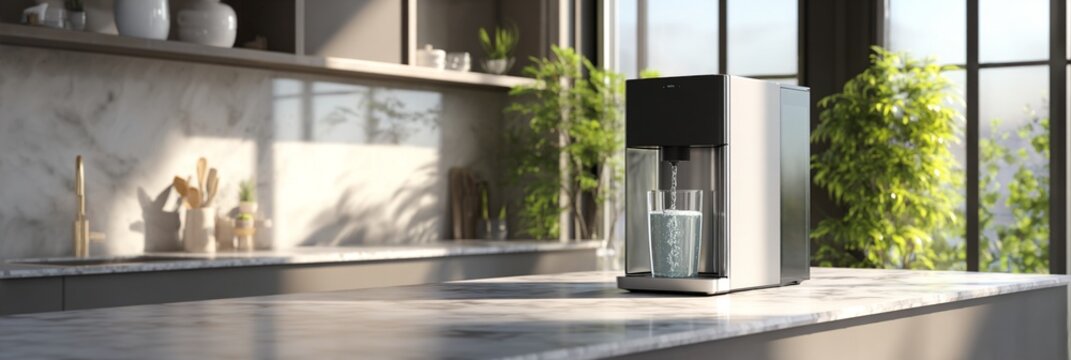 Modern kitchen interior with sleek water dispenser, marble countertop, and lush green plants creating a bright, minimalist atmosphere with soft natural light streaming in