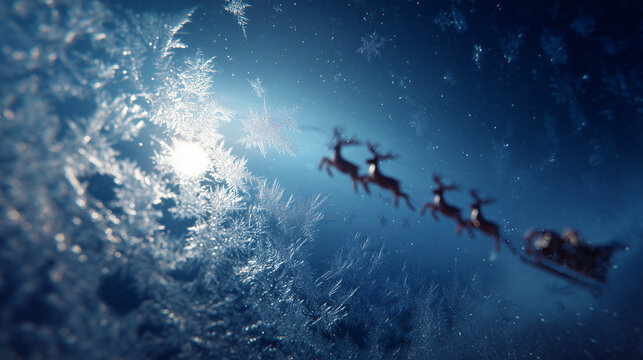 Frosted Window Pane and Santa's Flight: Magical Christmas Night Scene