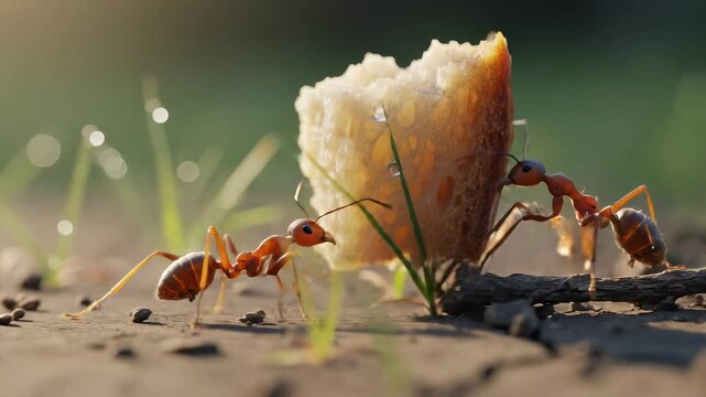 Two determined worker ants collaborate carrying a giant piece of porous bread across the grainy soil demonstrating teamwork and immense strength