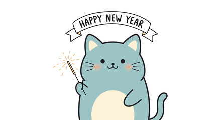 Cute blue cat holding a sparkler with a banner that says Happy New Year.
