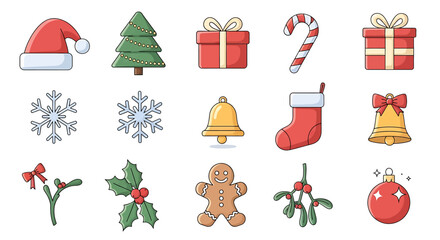 A collection of colorful Christmas holiday season icons and festive elements on a white background.
