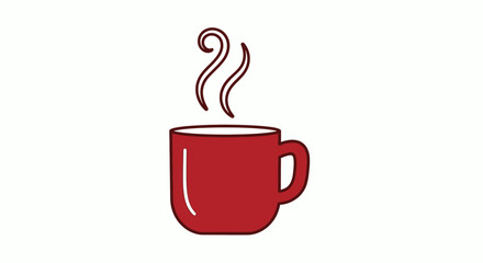 A simple illustration of a red mug filled with a hot beverage, with steam rising from the top, on a plain white background.