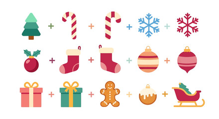 Christmas icons set: tree, candy canes, snowflakes, stocking, ornaments, gift, gingerbread man, sleigh.