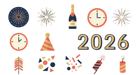 New Year's Eve 2026 celebration icons and symbols.