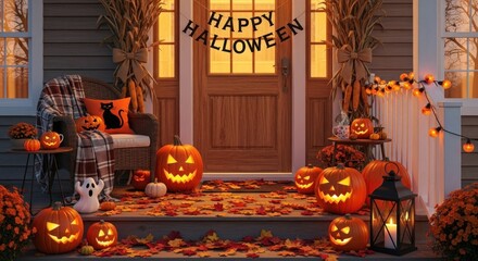 Obraz premium Halloween porch decor pumpkins, corn stalks, and a cozy autumn feel