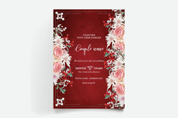 WEDDING INVITATION FRAME WITH FLOWER DECORATIONS AND FRESH LEAVES