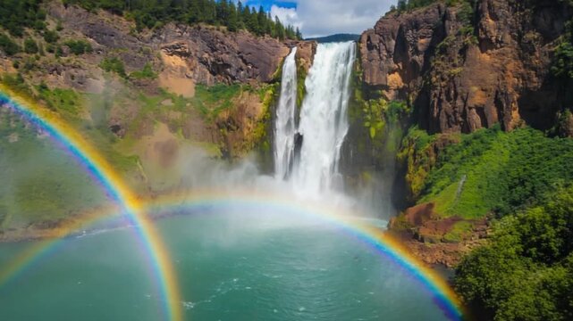 Scenic waterfall with rainbow cascading into a pool surrounded by lush greenery and rocky cliffs waterfall video