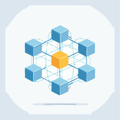 Obraz premium Connected Cubes Network with Central Yellow Cube.