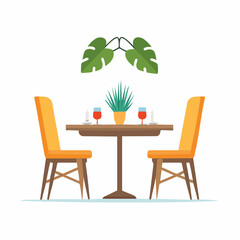 Cozy Dining Table with Chairs Wine Glasses and Potted Plant.