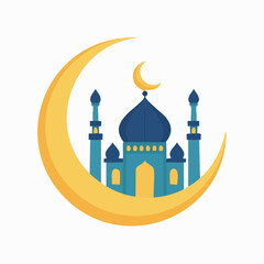Crescent Moon and Blue Mosque Illustration for Ramadan.