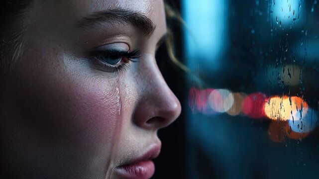 Close-up profile of sad young woman crying with tear rolling down cheek looking through rainy window at city night lights