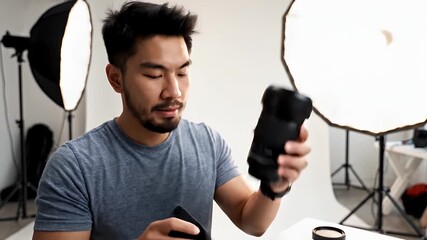 A young male photographer examining a camera in a professional studio environment with lighting equipment in the background