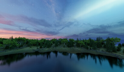 Serene Night Sky Over A Calm Lake Surrounded By Forest In 3D Rendering