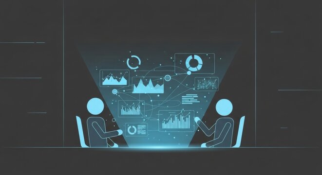 Business meeting with holographic data analysis and charts.