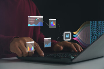 Analyst or Scientist using laptop and dashboard for analysis of information, complex data set on computer. Insight development engineer. Concept of data analysis science, big data with AI technology.