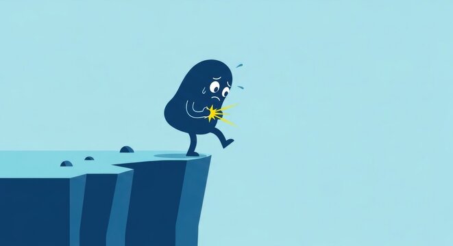 Cartoon character on cliff edge looking at phone.