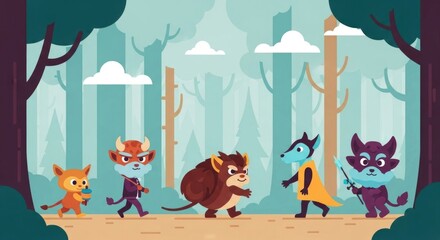 Naklejka premium Cartoon forest creatures walking together in a whimsical scene.