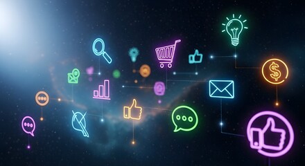 Futuristic Glowing Neon Icons for Digital Marketing and E-commerce in Abstract Space Background