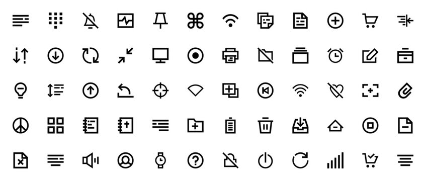 Smartphone Essentials icon set. Minimal vector iconspack. Includes symbols forwifi, shopping cart, downlad, alarm, edit, folder, bttery and more. Editable sroke.