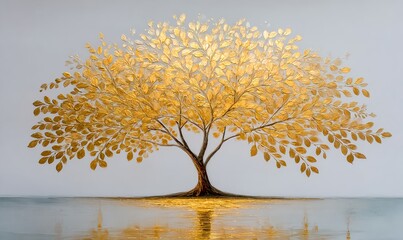 Elegant metallic tree painting with gold-leaf textures, soft illumination, and tranquil mirrored effect