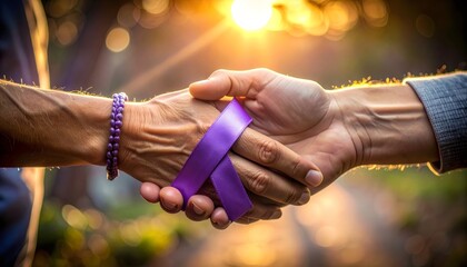 Hands holding purple ribbon symbolizing world cancer day