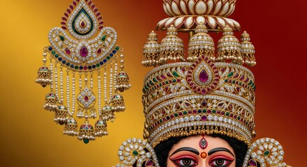 Naklejka premium Intricate Gold Ornaments and Divine Imagery Displayed on Festive Backdrop