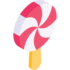 Red And White Swirl Lollipop On A Yellow Stick With A Transparent Background In A Flat Isometric Design Style