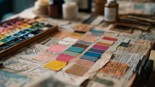Vibrant watercolor palette with colorful swatches spread across vintage papers, showcasing an artist's creative workspace with rich, inspiring hues
