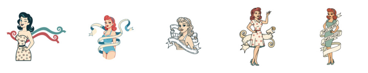 Romantic Swimwear Pin Up Girl Vector Set with Tattoo Style Banner and Vintage Pose
