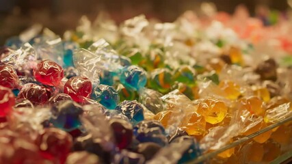 Colorful wrapped candies close up, a delightful sugary confection