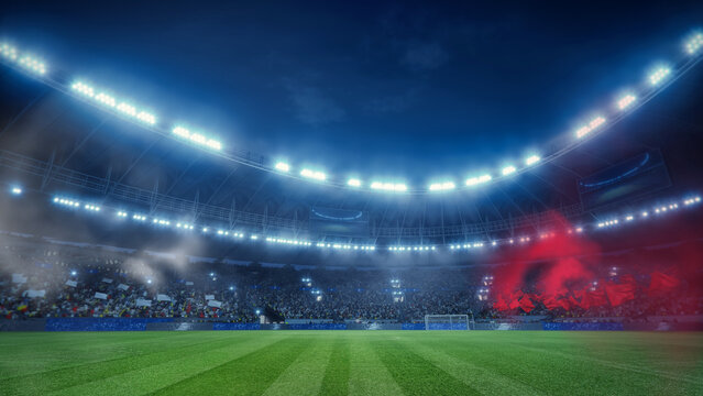 Night football stadium with illuminated floodlights and vibrant green grass field. Dramatic sports arena atmosphere with glowing lights, crowd ambience, and modern stadium architecture. Ideal for foot