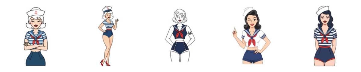 Confident Striped Sailor Vector Set with Pin Up Girl and Pointing Gesture