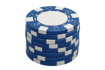 Stack of blue and white casino poker chips, representing gambling, risk, winning, and fortune, with transparent background
