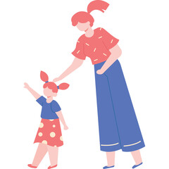 Mother And Daughter Standing Together With Daughter Reaching Out In Front Of Her Mom Wearing Pink Red And Blue Outfits Against A White Background