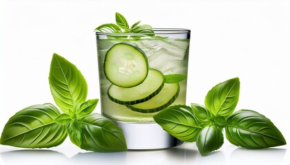 Glass Of Cold Cocktail With Cucumber Slice And Basil Leaves Isolated On Transparent Png