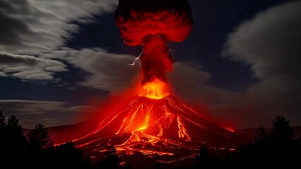 Erupting Volcano at Night: Fiery Lava Flows, Ash Cloud, and Lightning Strikes - Powered by Adobe