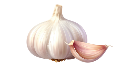 Garlic bulb with separated clove against solid black background