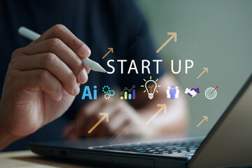 Modern startup concept. Man hand using digital pen near laptop, AI, innovation, teamwork, analytics, business growth icons, representing technology-driven entrepreneurship and strategic development.