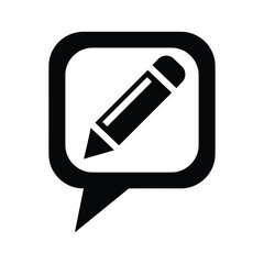 Black icon of a pencil inside a speech bubble on a