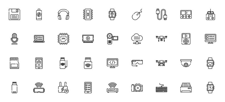 Technology icon set. Minimal line vector icons pack.Includes symbols for flopp disk, smartphone, laptop,drone, cloud computing, aumented reality, wifi and mre. Editable stroke.