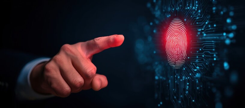 Fingerprint biometric authentication scan with digital technology interface showing security access concept - Powered by Adobe