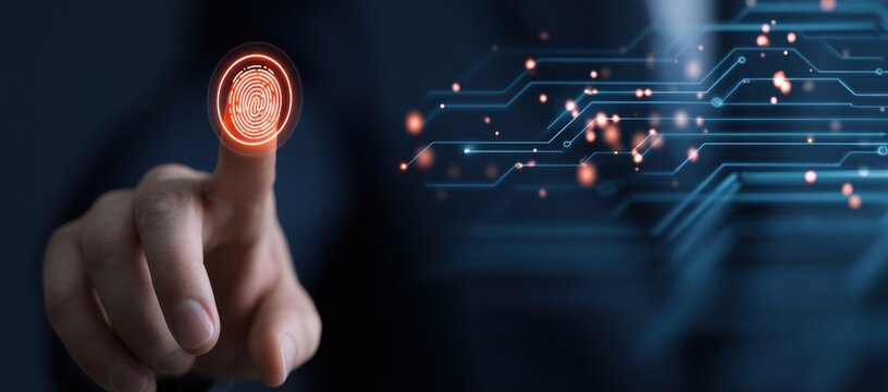 Finger touching glowing fingerprint scanner for biometric authentication on digital interface